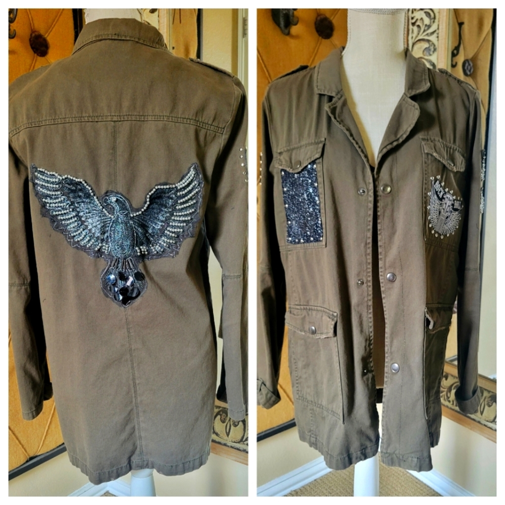 Khaki Military Style Jacket with Embroidered Eagle